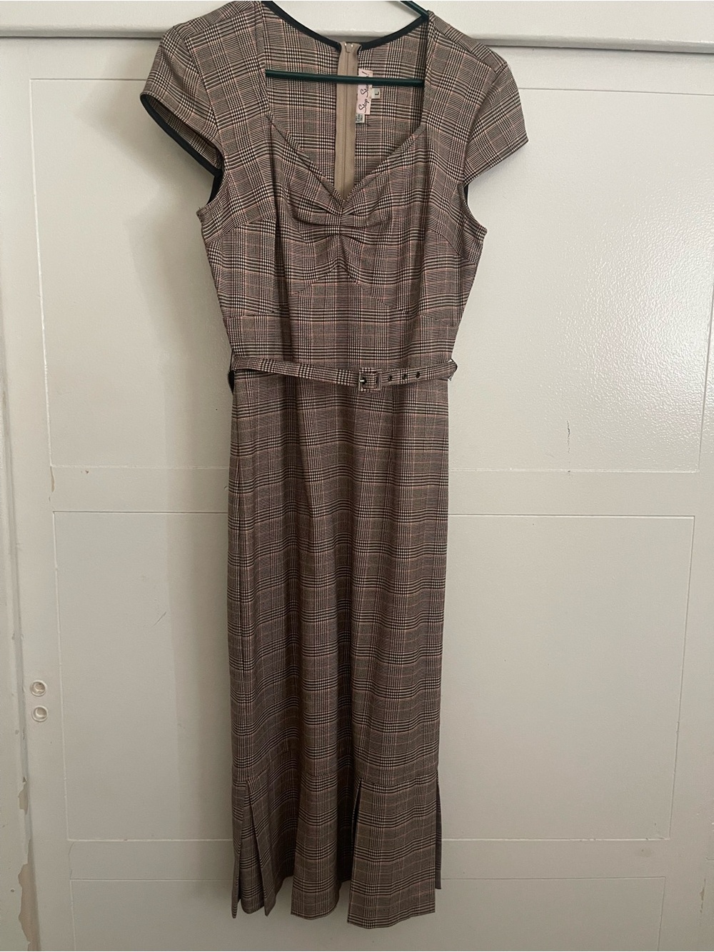 Stop Staring Brown Plaid Cap-Sleeve dress with Belt